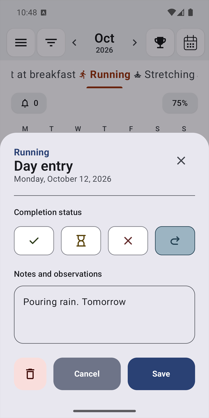 The day entry sheet of one habit, open over its month view, with the day's state and a note