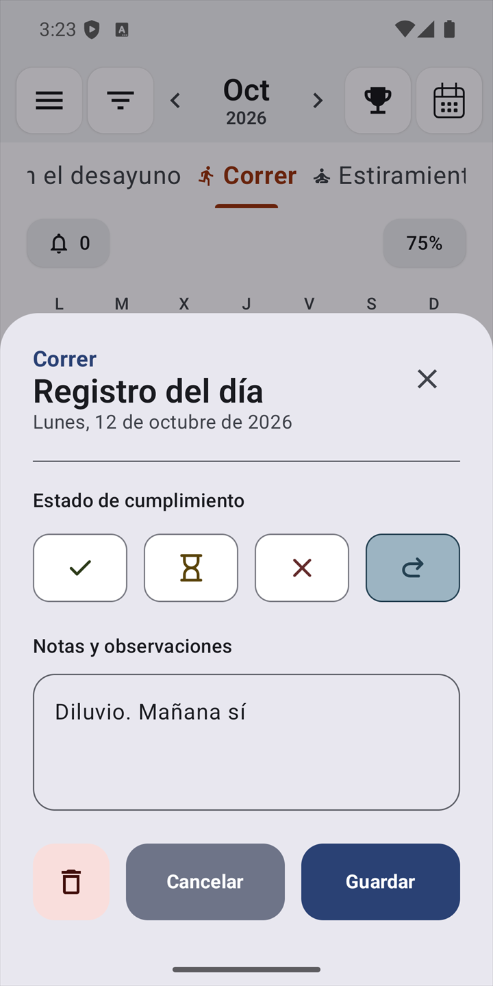 Hoja del día de un hábito abierta sobre su vista mensual, con el estado del día y una nota